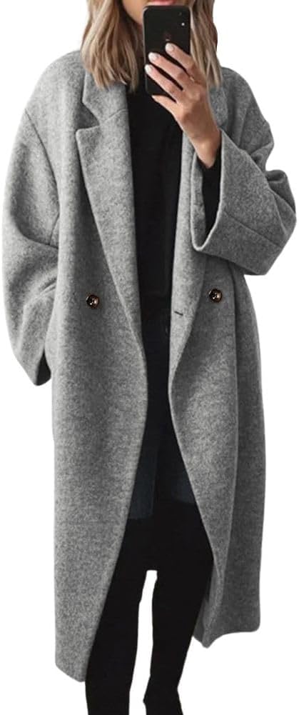 Women's Winter Double Breasted Wool Coat Long Sleeve Notch Lapel Long Trench Coat