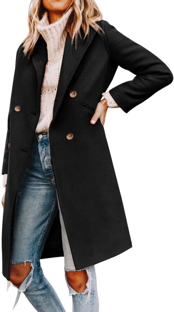 Women's Notched Lapel Collar Double Breasted Pea Coat Winter Wool Blend Over Coats Long Jackets