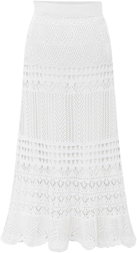 Women's Stretched High Waist Crochet Hollow Out Knit Flowy Patterned Lace Maxi Skirt