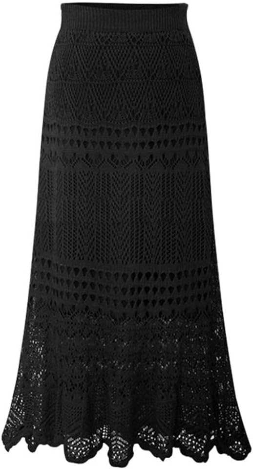 Women's Stretched High Waist Crochet Hollow Out Knit Flowy Patterned Lace Maxi Skirt
