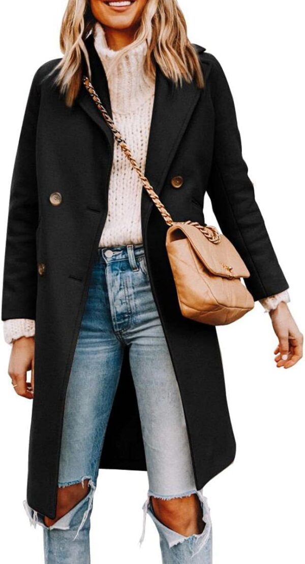 Women's Notched Lapel Collar Double Breasted Pea Coat Winter Wool Blend Over Coats Long Jackets