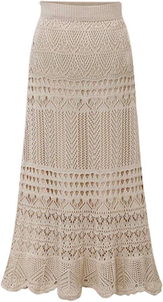 Women's Stretched High Waist Crochet Hollow Out Knit Flowy Patterned Lace Maxi Skirt