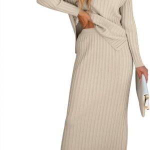 Women's 2 Piece Outfits Sweater Skirt Sets Casual Long Sleeve V Neck Ribbed Knit Tops Midi Dress 2024 Fall Fashion