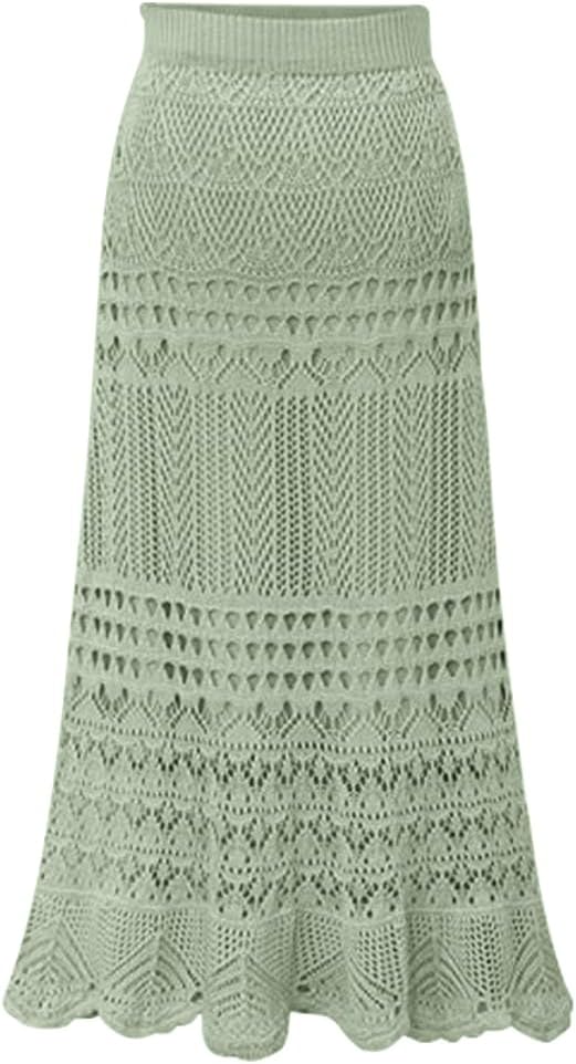 Women's Stretched High Waist Crochet Hollow Out Knit Flowy Patterned Lace Maxi Skirt