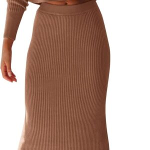 Women's Fall 2 Piece Sweater Set Rib Knit Long Sleeve Crop Top Maxi Bodycon Skirt Casual Winter Outfits