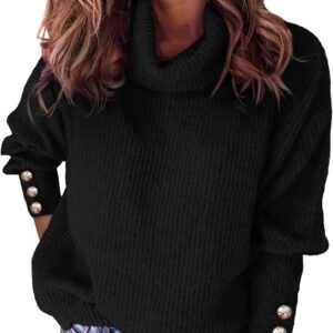 Women's Oversized Turtleneck Sweaters Fall 2024 Dressy Casual Ribbed Knit Button Long Sleeve Pullover Sweater