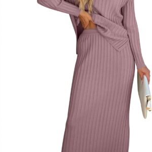Women's 2 Piece Outfits Sweater Skirt Sets Casual Long Sleeve V Neck Ribbed Knit Tops Midi Dress 2024 Fall Fashion