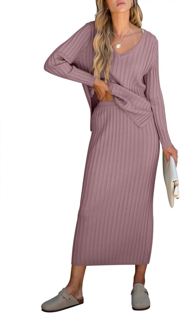 Women's 2 Piece Outfits Sweater Skirt Sets Casual Long Sleeve V Neck Ribbed Knit Tops Midi Dress 2024 Fall Fashion