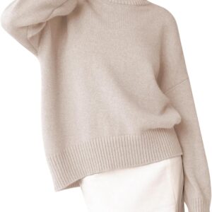 Women's Turtleneck Sweater Chunky Long Sleeve Knitted Pullover High Low Hem Trendy 2024 Fall Winter Basic Jumper Top