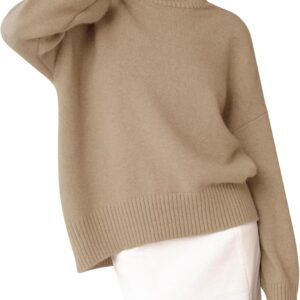 Women's Turtleneck Sweater Chunky Long Sleeve Knitted Pullover High Low Hem Trendy 2024 Fall Winter Basic Jumper Top
