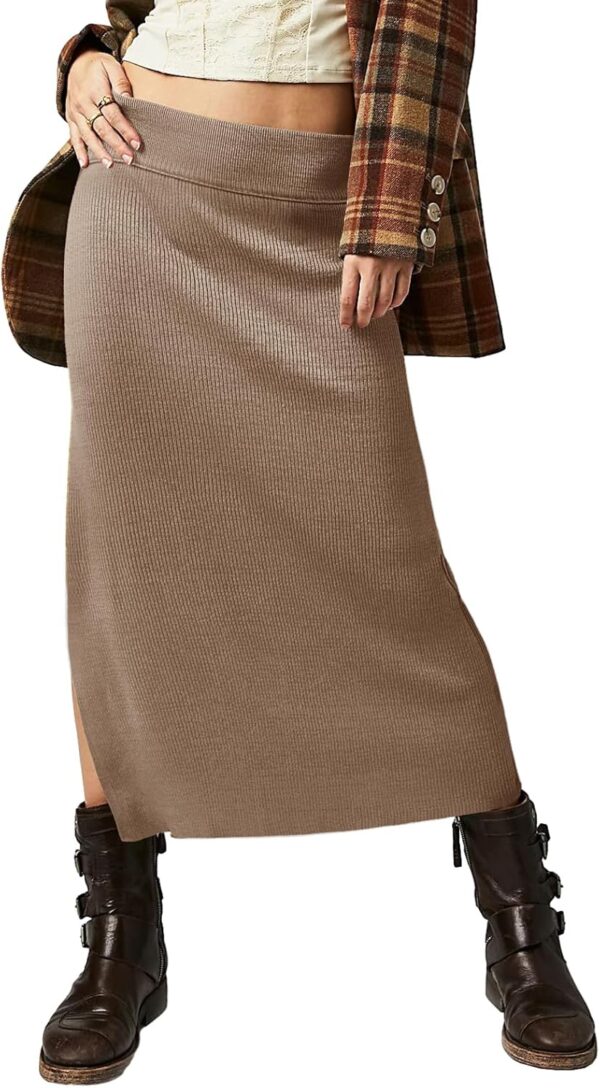 Women's High Waist Midi Skirt Ribbed Knit Slit Hem Casual Bodycon Pencil Skirt