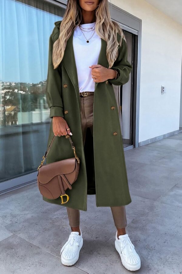 Women's Long Coat Notched Lapel Collar Double Breasted Pea Coat Winter Elegant Wool Blend Over Coats Jackets