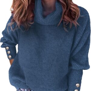 Women's Oversized Turtleneck Sweaters Fall 2024 Dressy Casual Ribbed Knit Button Long Sleeve Pullover Sweater