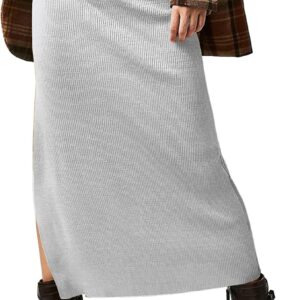 Women's High Waist Midi Skirt Ribbed Knit Slit Hem Casual Bodycon Pencil Skirt