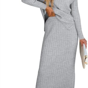 Women's 2 Piece Outfits Sweater Skirt Sets Casual Long Sleeve V Neck Ribbed Knit Tops Midi Dress 2024 Fall Fashion