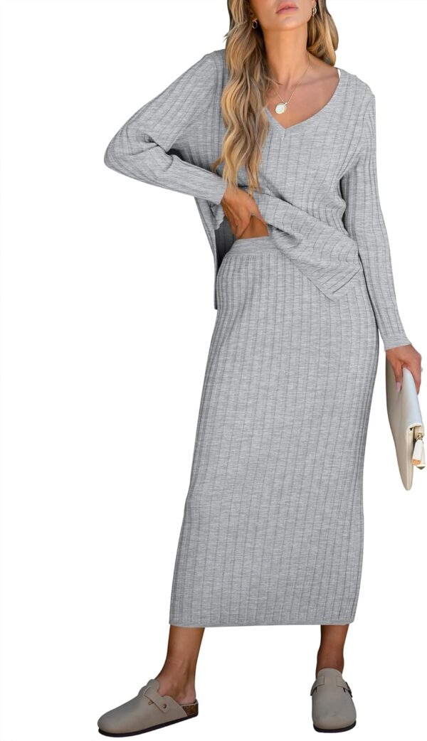 Women's 2 Piece Outfits Sweater Skirt Sets Casual Long Sleeve V Neck Ribbed Knit Tops Midi Dress 2024 Fall Fashion