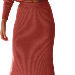 Women's Fall 2 Piece Sweater Set Rib Knit Long Sleeve Crop Top Maxi Bodycon Skirt Casual Winter Outfits