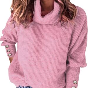 Women's Oversized Turtleneck Sweaters Fall 2024 Dressy Casual Ribbed Knit Button Long Sleeve Pullover Sweater