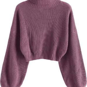 Women's Cropped Turtleneck Sweater Lantern Sleeve Ribbed Knit Pullover Sweater Jumper
