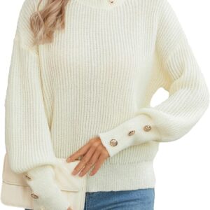 Women's Oversized Turtleneck Sweaters Fall 2024 Dressy Casual Ribbed Knit Button Long Sleeve Pullover Sweater