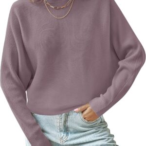Women's Fall Turtleneck Batwing Long Sleeve Ribbed Knit Casual Soft Pullover Sweater Jumper Top